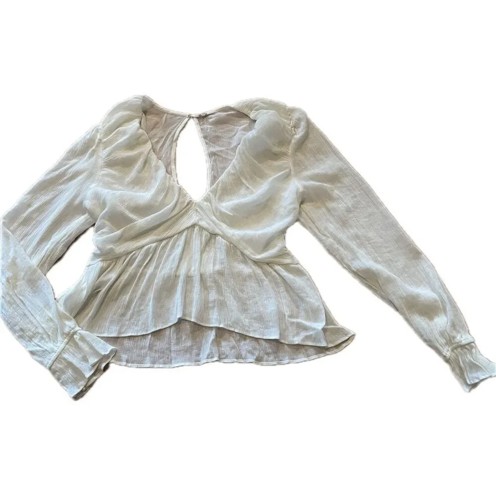 Free People Low Cut White Peasant Top Women’s Reg Size L